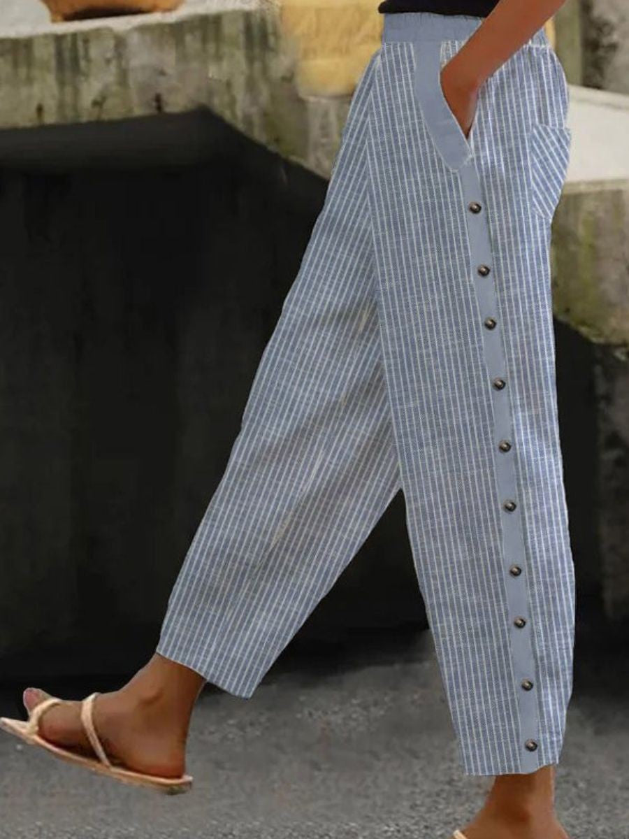 Linaya Striped Trousers with Button Detail
