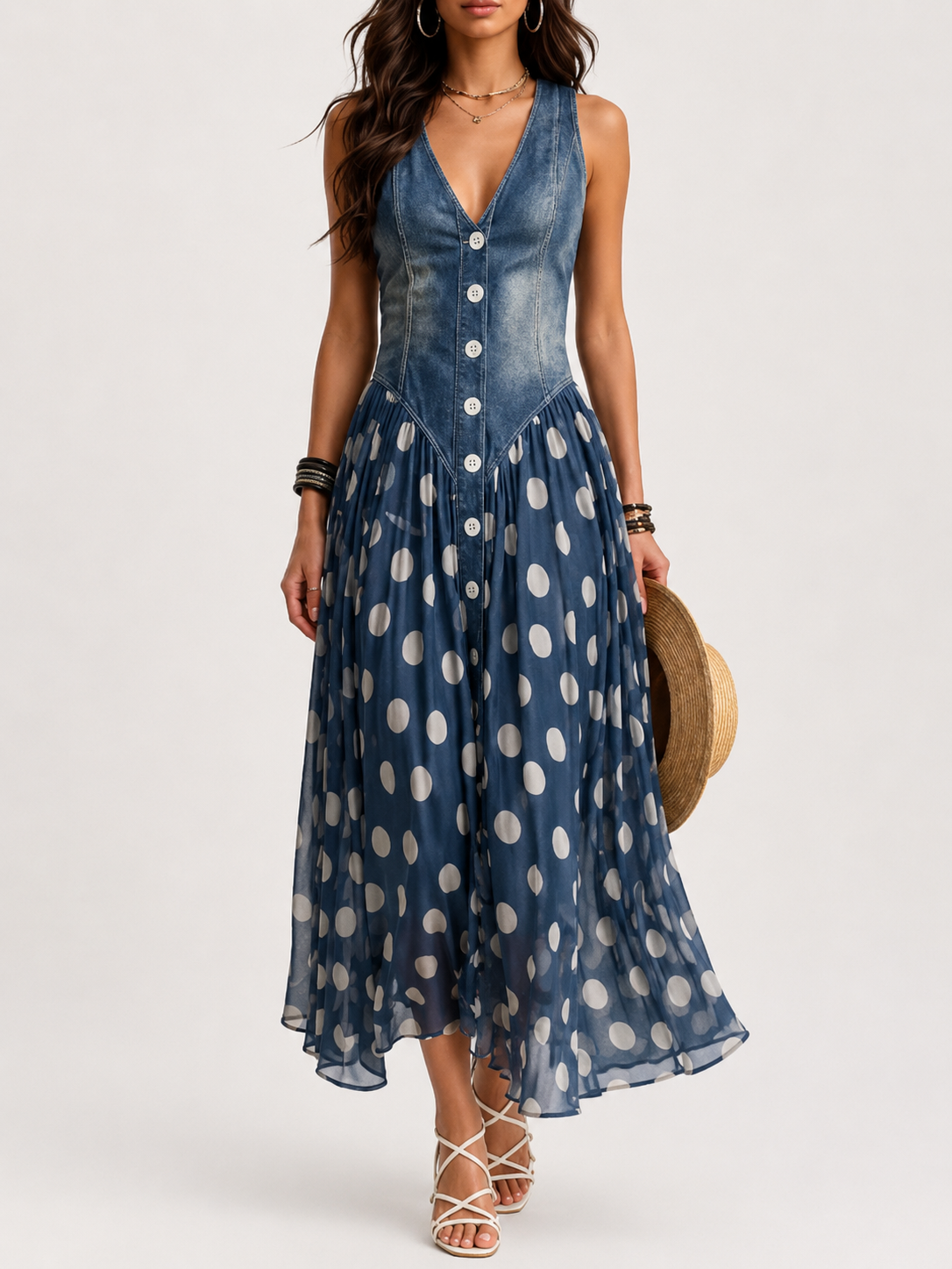 Elegant Denim Effect Dress with Polka Dot Chiffon Skirt