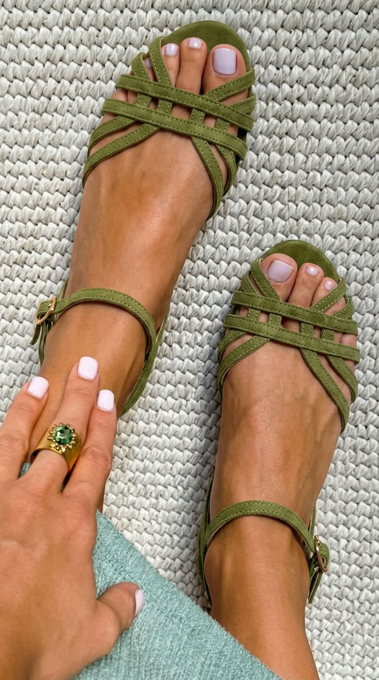Low suede sandals with ankle buckle and multiple straps