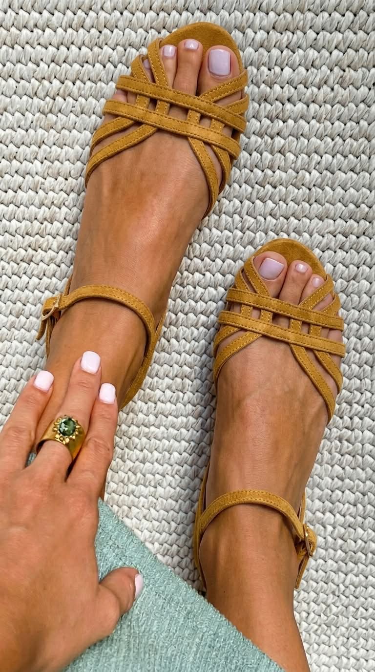 Low suede sandals with ankle buckle and multiple straps