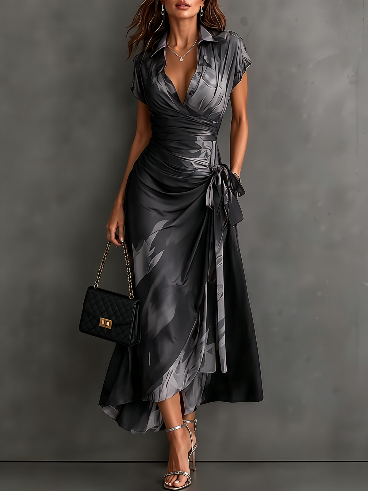 Red Black Abstract Print Wrap Midi Dress with Collared V Neck, Short Sleeves, Tie Waist, and Ruffled High-Low Hem