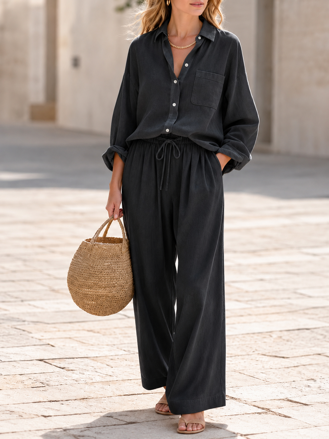Casual Loose Long Sleeve Shirt and Wide-leg Pants Set