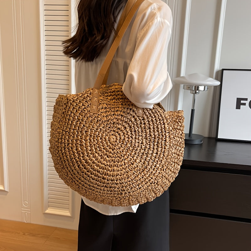 Linda | Woven Straw Round Bag - Hazelnut
