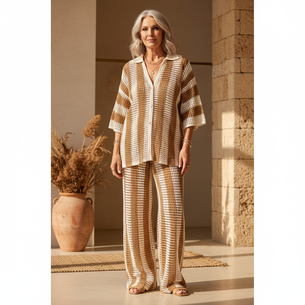 Zenaida™ | Striped Crochet Kimono and Trouser Set