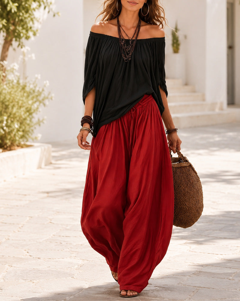 Colourblock Loose Off-Shoulder Top and Lantern Pants Set