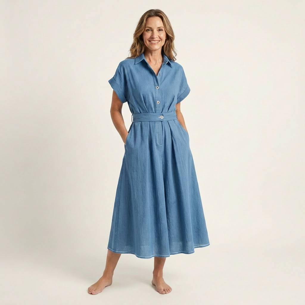Melody | Midi Denim Button-Up Dress with Belt