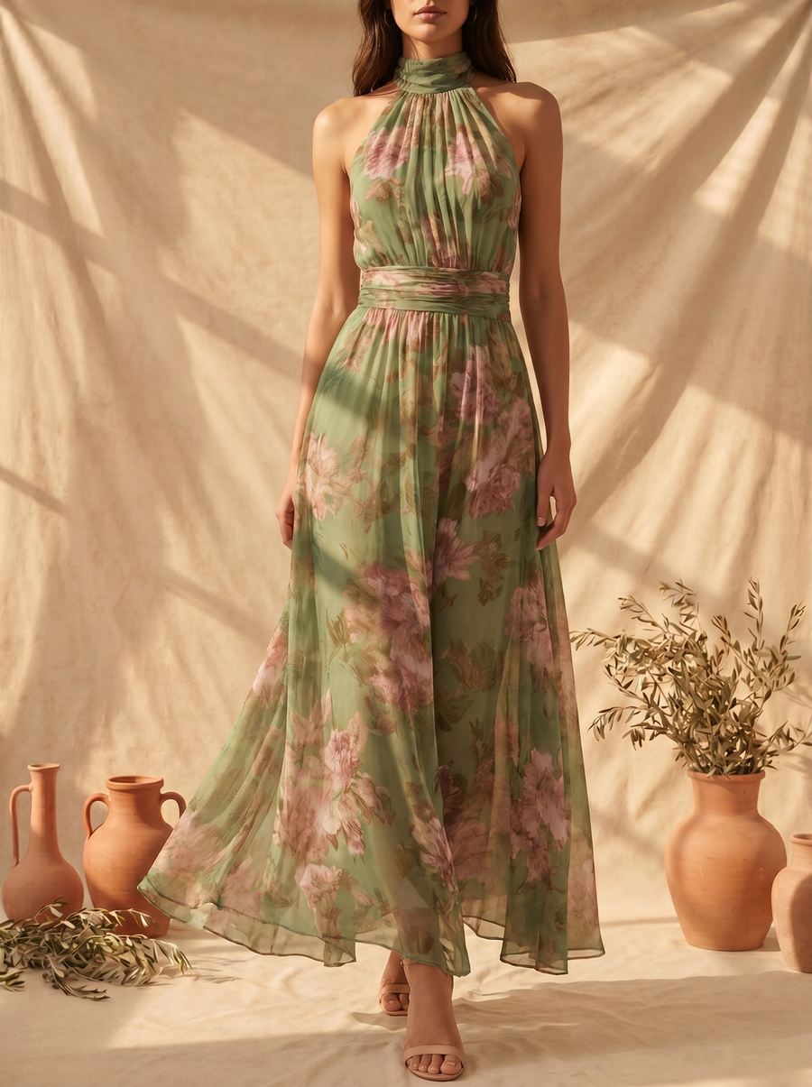 Lidia | Elegant Floral Maxi Halter Dress