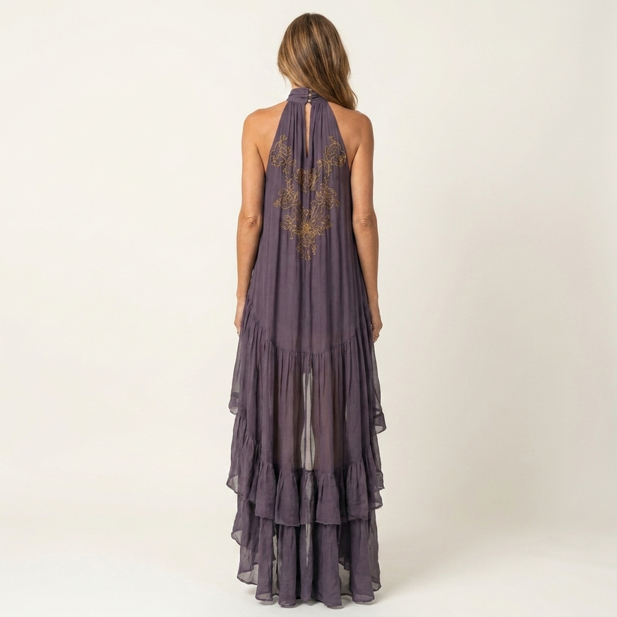 Keyla | Halter-Neck Embroidered Hi-Low Ruffle Maxi Dress