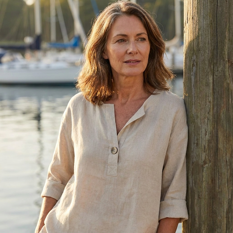 Blouse with V-Neck and Roll Tab Sleeves