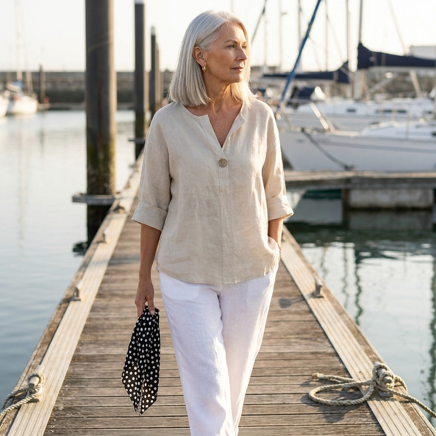 Blouse with V-Neck and Roll Tab Sleeves