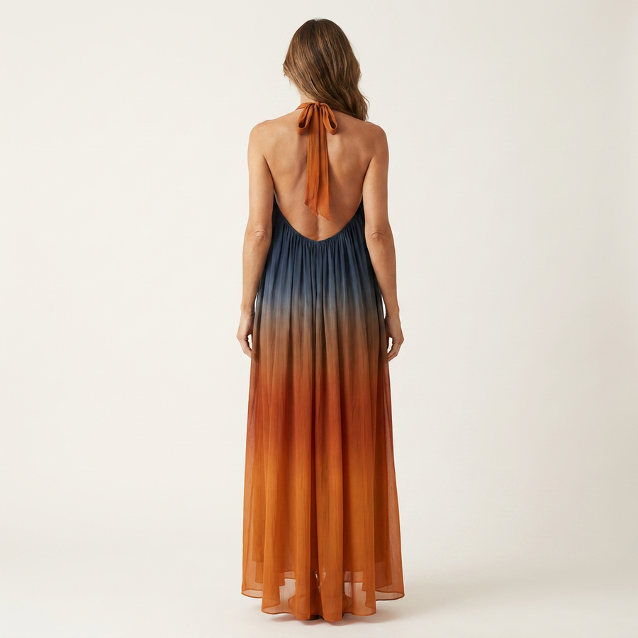 Marlinia | Deep V-Neck Halter Open-Back Ombré Maxi Dress