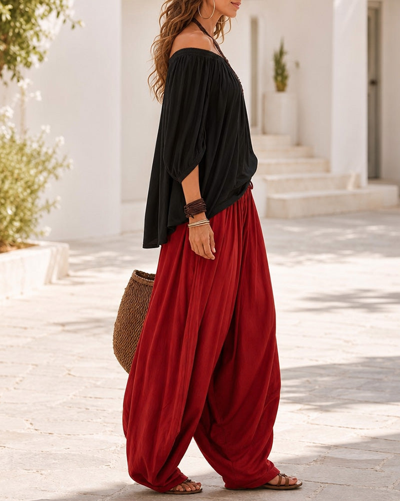 Colourblock Loose Off-Shoulder Top and Lantern Pants Set