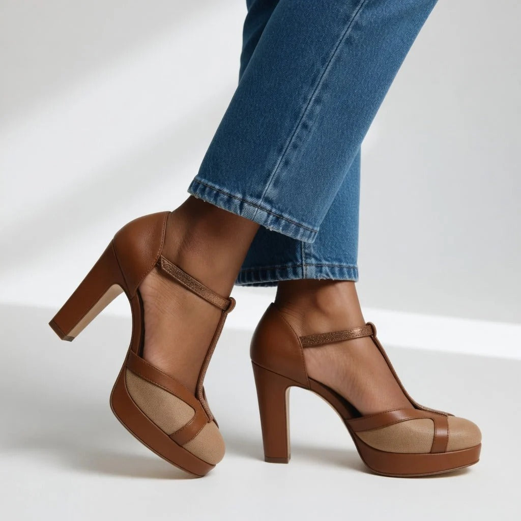 Abbey | Brown T-Bar Platform Heels