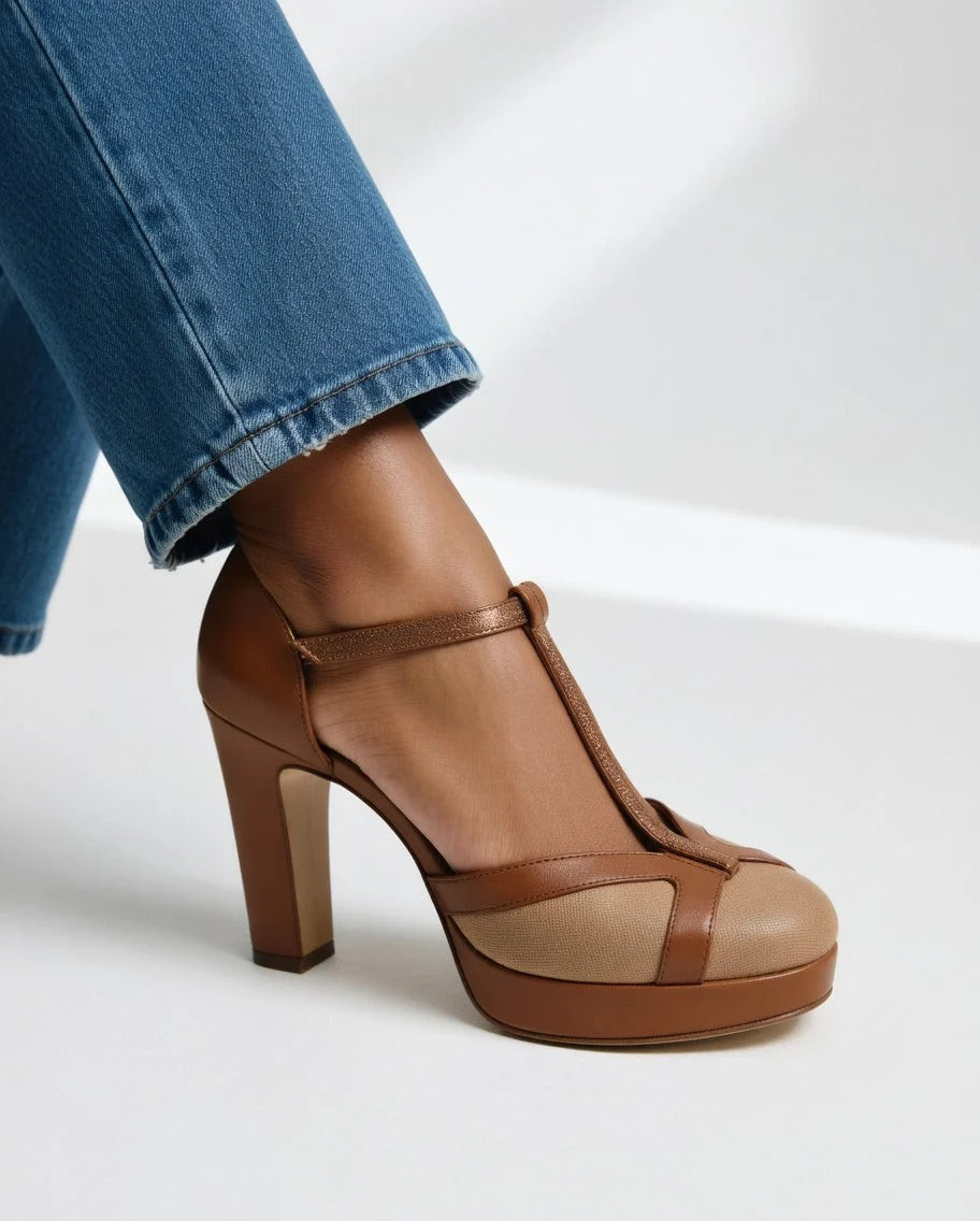 Abbey | Brown T-Bar Platform Heels
