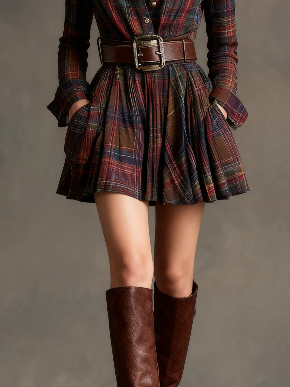 Cinnamon | Mini Vintage Checkered Dress in Red and Brown (with belt)