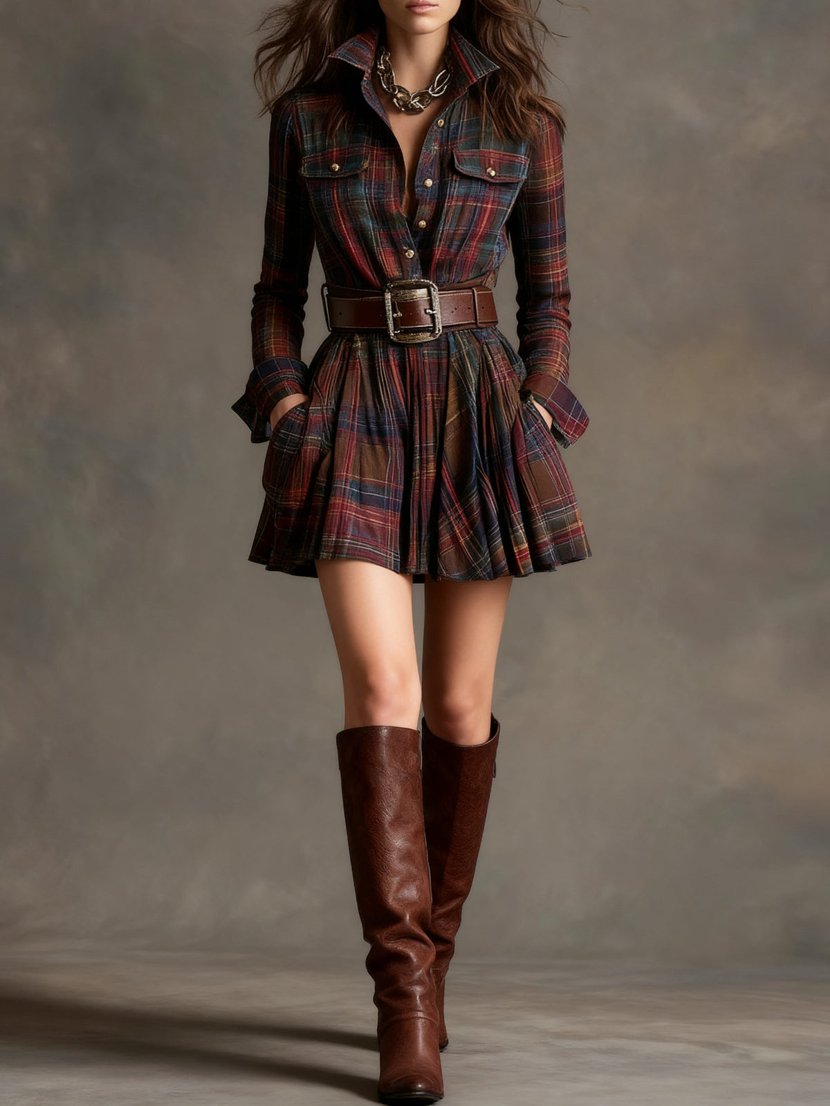 Cinnamon | Mini Vintage Checkered Dress in Red and Brown (with belt)