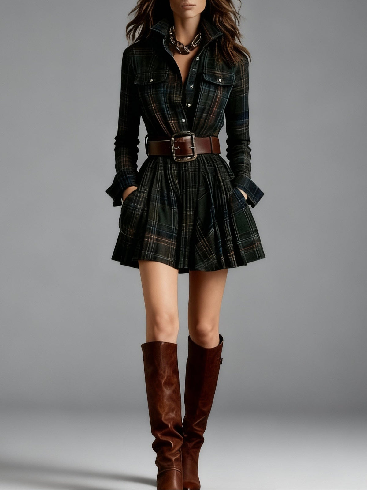 Cinnamon | Mini Vintage Checkered Dress in Red and Brown (with belt)