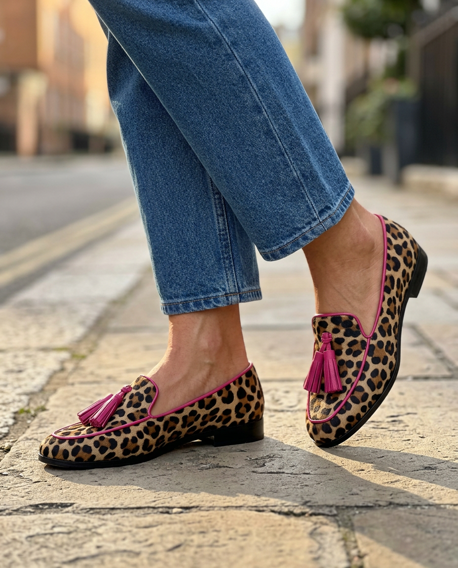 Fiamma Loafer — Leopard Print with Fuchsia Trim and Tassels