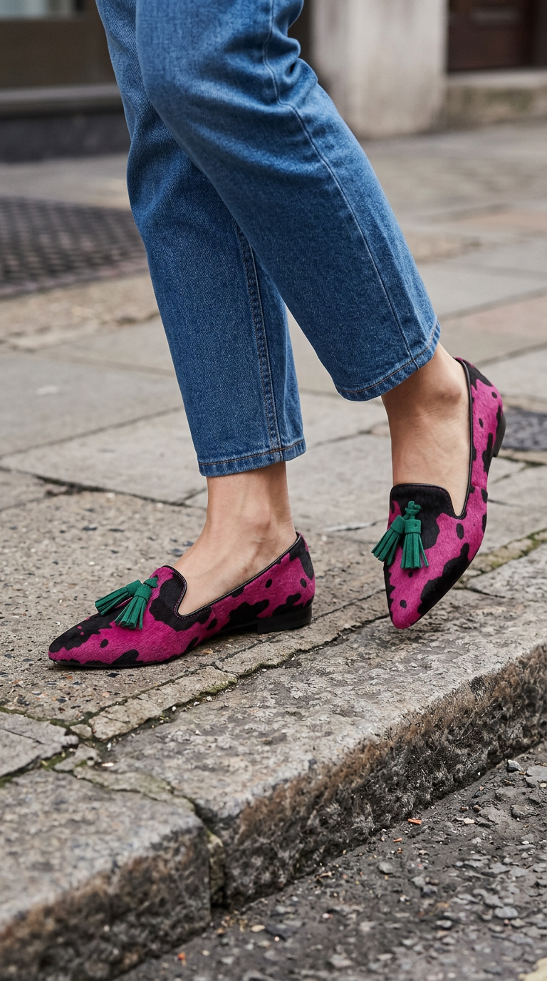Ginevra Loafers — Fuchsia Cow, Green Tassels
