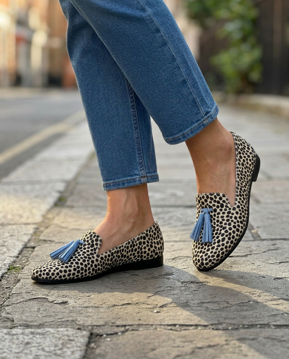 Nadia Loafers — Black and White Leopard Print with Blue Tassels