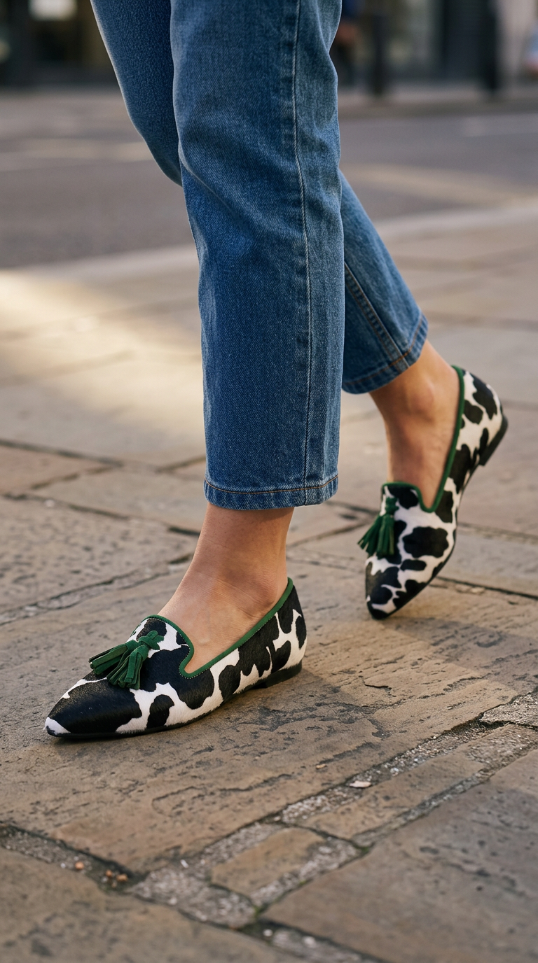 Ginevra Loafers — Black and White Cow Print, Green Tassels