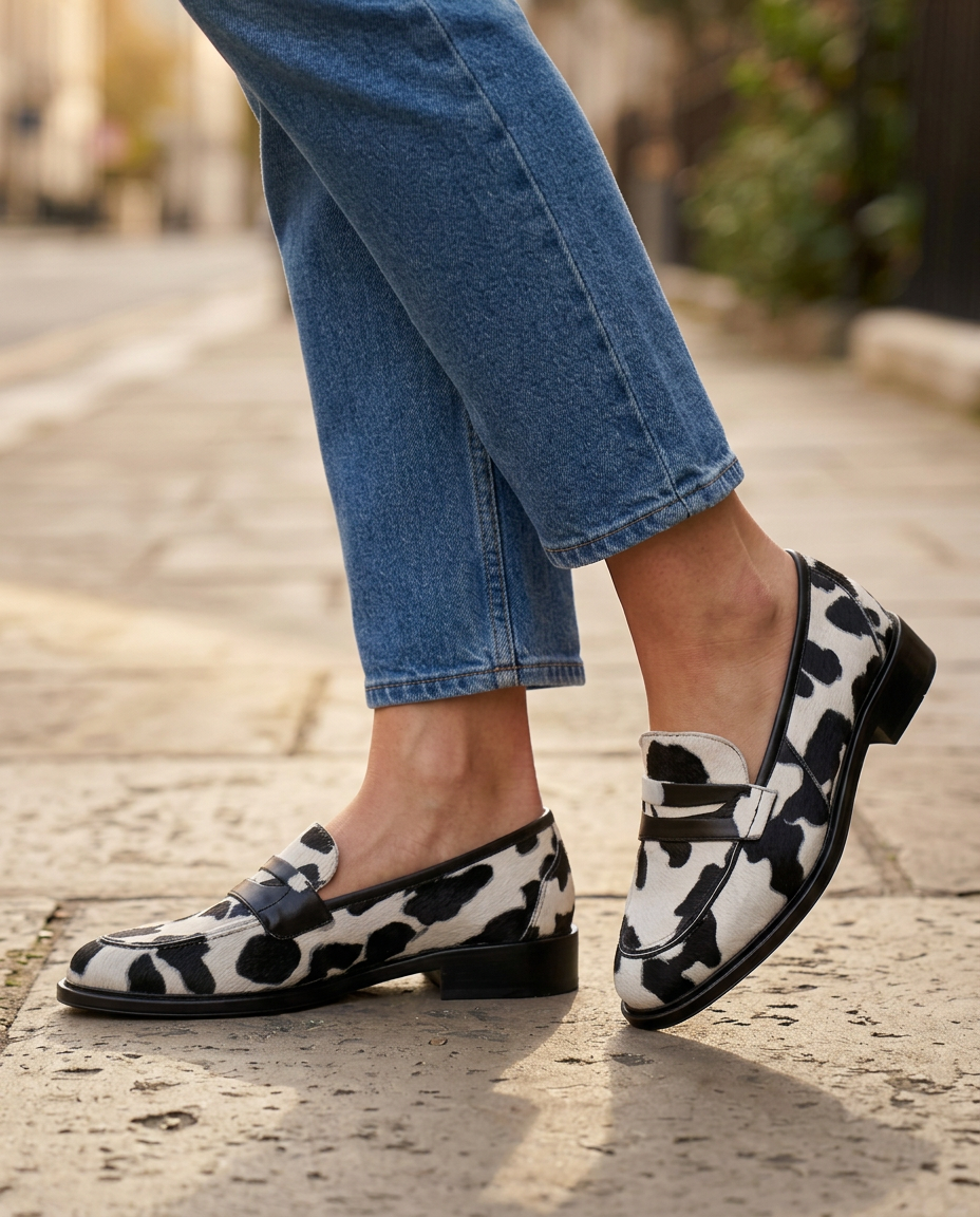 Nives Loafers — Cow Print with Penny Strap