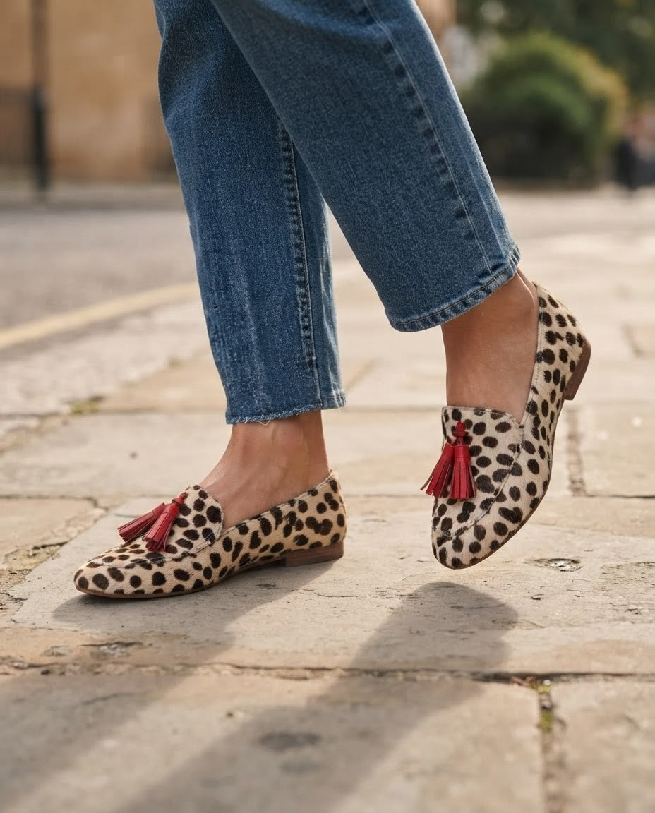Aurora Loafers — Cream Polka Dots, Red Tassels