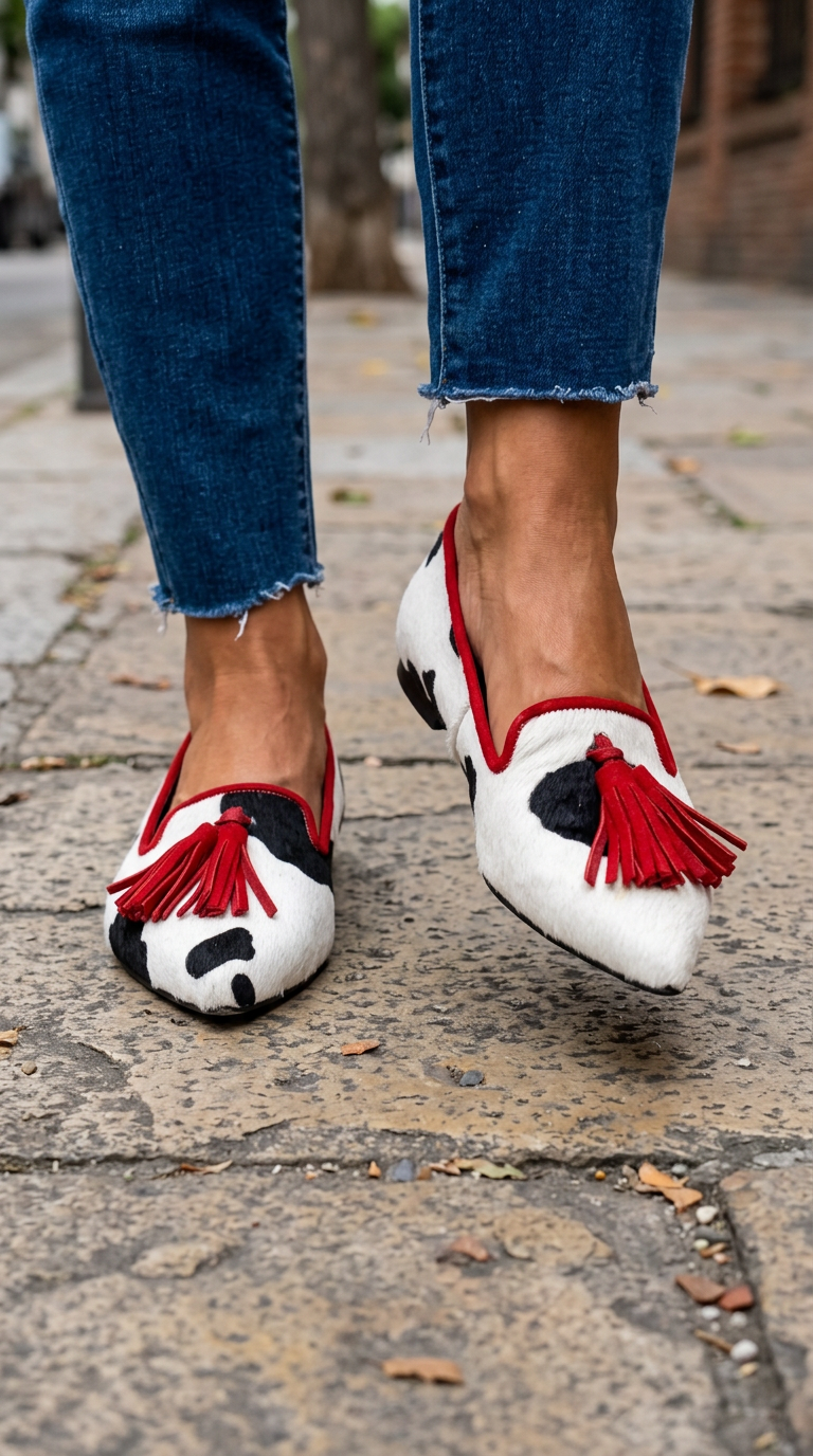 Ginevra Loafers — Black and White Cow Print, Red Tassels