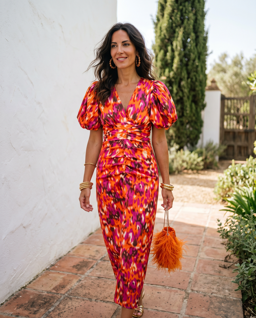 Carla | Midi Floral Dress with Puff Sleeves