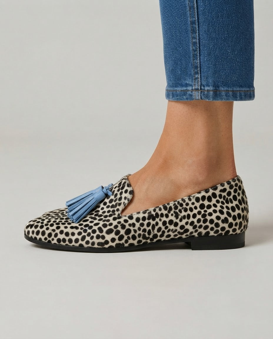 Nadia Loafers — Black and White Leopard with Powder Blue Tassels