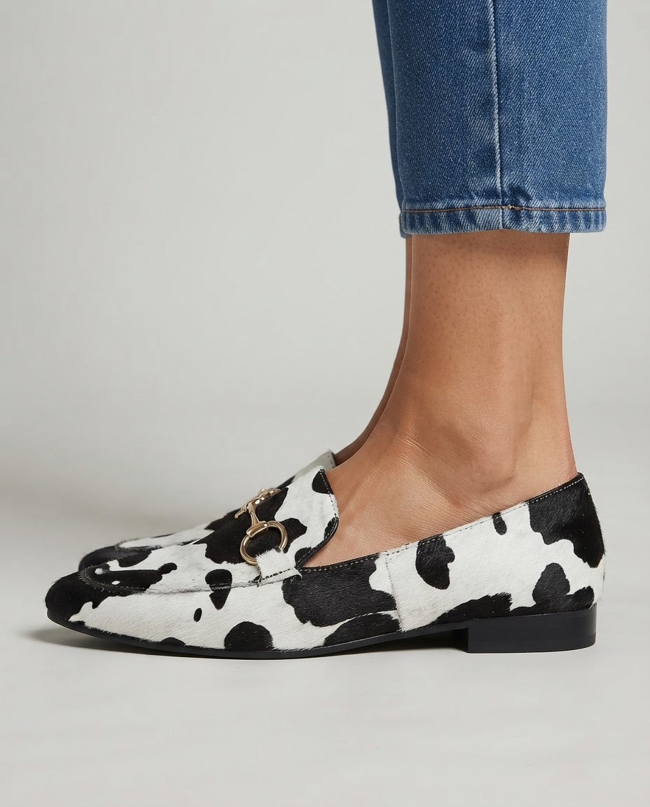 White and Black Leopard Print Fur Moccasin