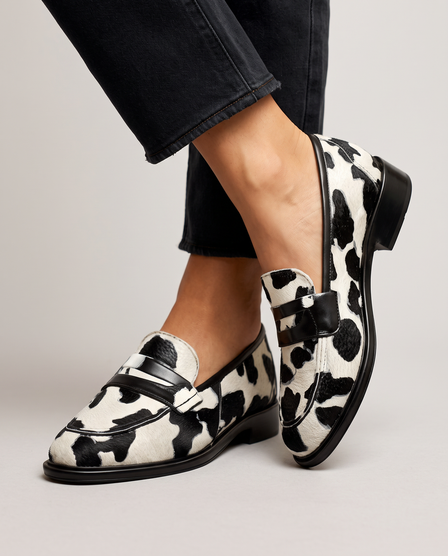 Nives Moccasin — Cow Print with Penny Loafer