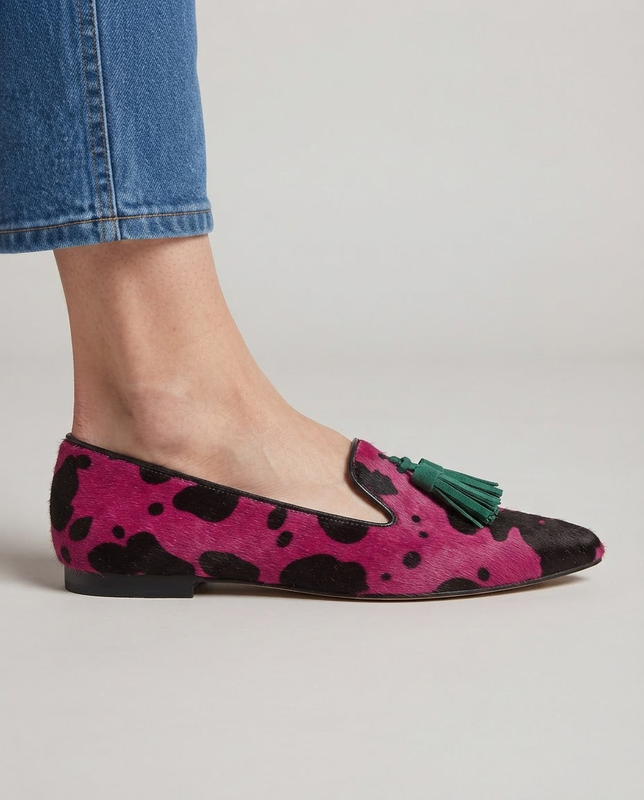 Ginevra Loafers — Fuchsia Cow, Green Tassels