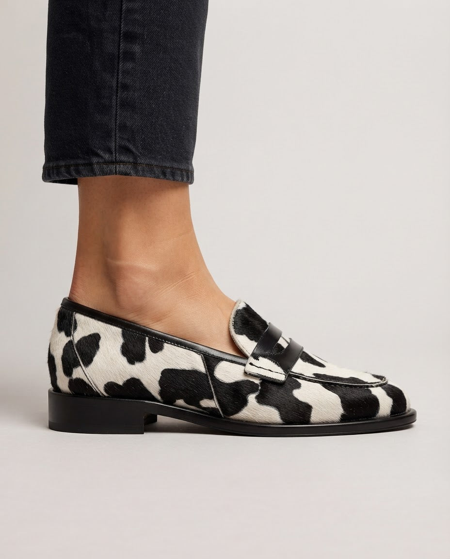 Nives Loafers — Cow Print with Penny Strap