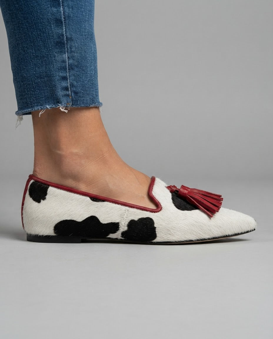 Ginevra Loafers — Black and White Cow Print, Red Tassels