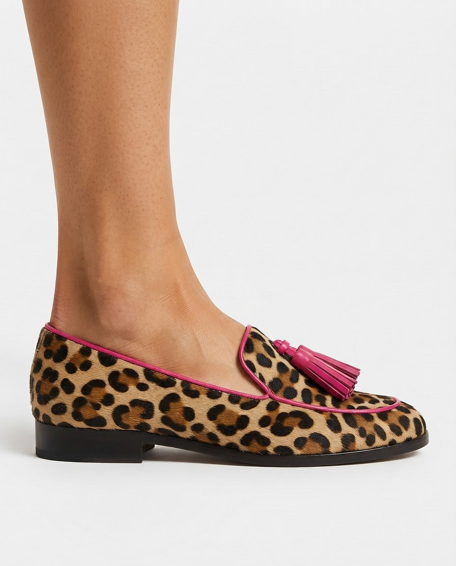 Fiamma Loafer — Leopard Print with Fuchsia Trim and Tassels