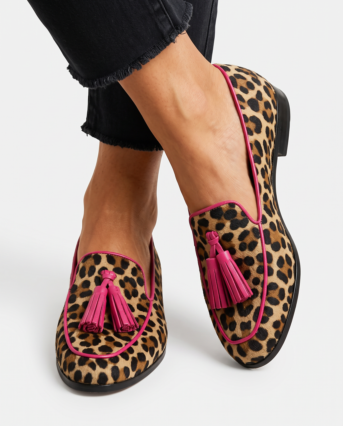 Fiamma Loafer — Leopard Print with Fuchsia Trim and Tassels