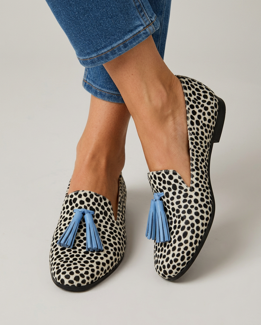 Nadia Loafers — Black and White Leopard with Powder Blue Tassels