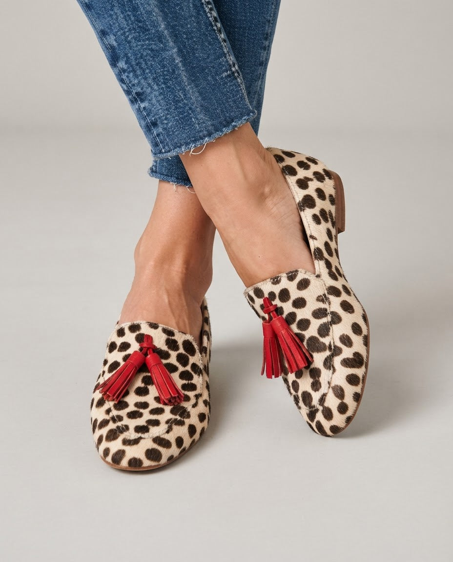 Aurora Loafers — Cream Polka Dots, Red Tassels