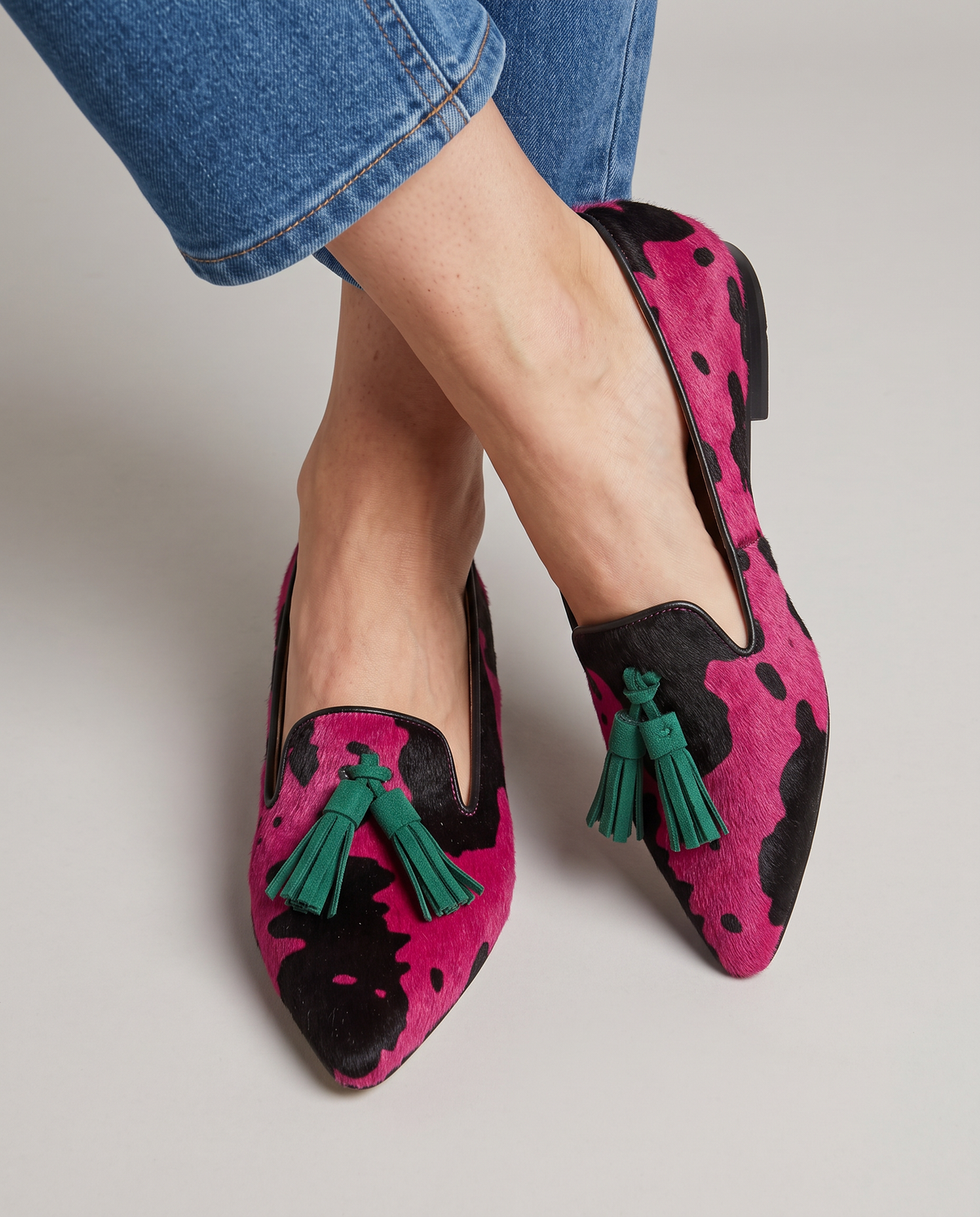 Ginevra Loafers — Fuchsia Cow, Green Tassels
