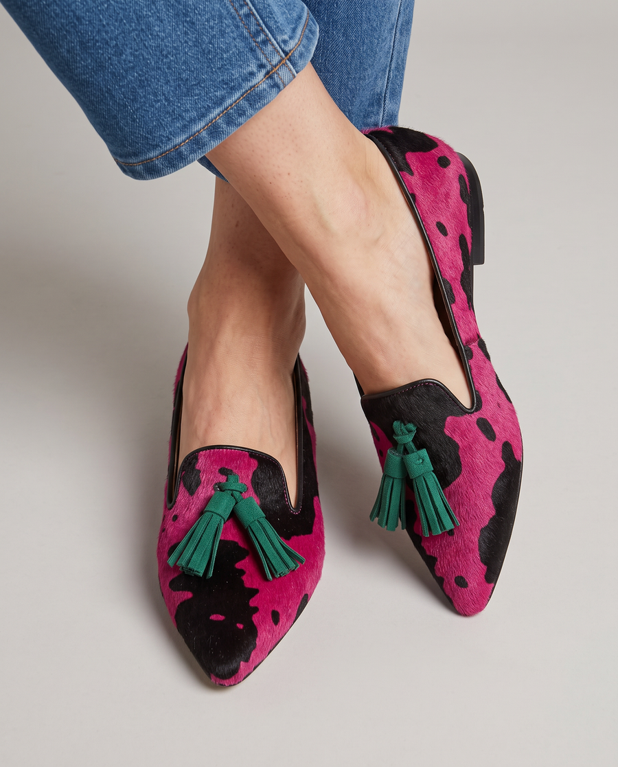 Ginevra Loafers — Fuchsia Cow, Green Tassels