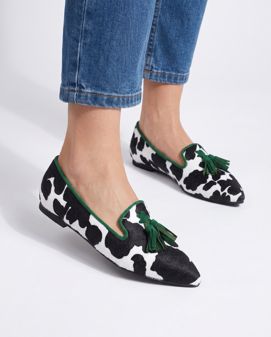 Ginevra Loafers — Black and White Cow Print, Green Tassels