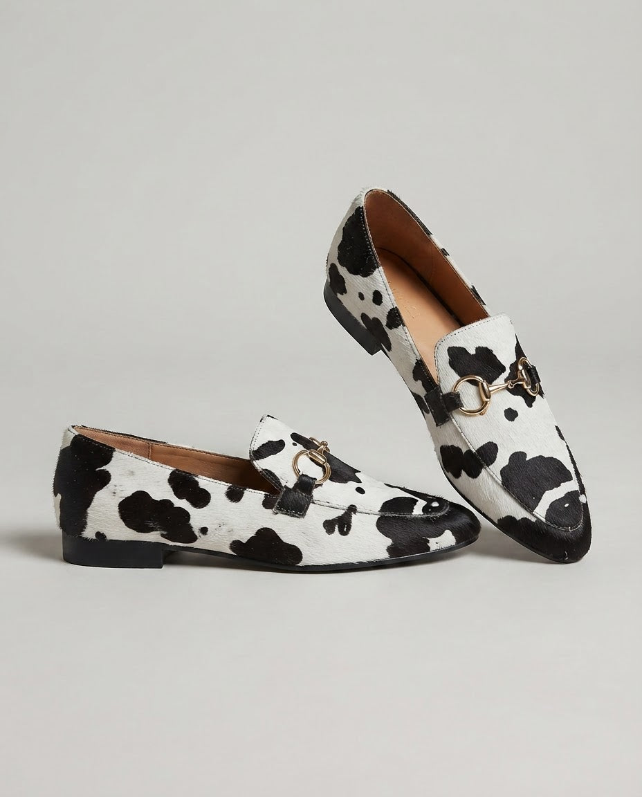 White and Black Leopard Print Fur Loafers