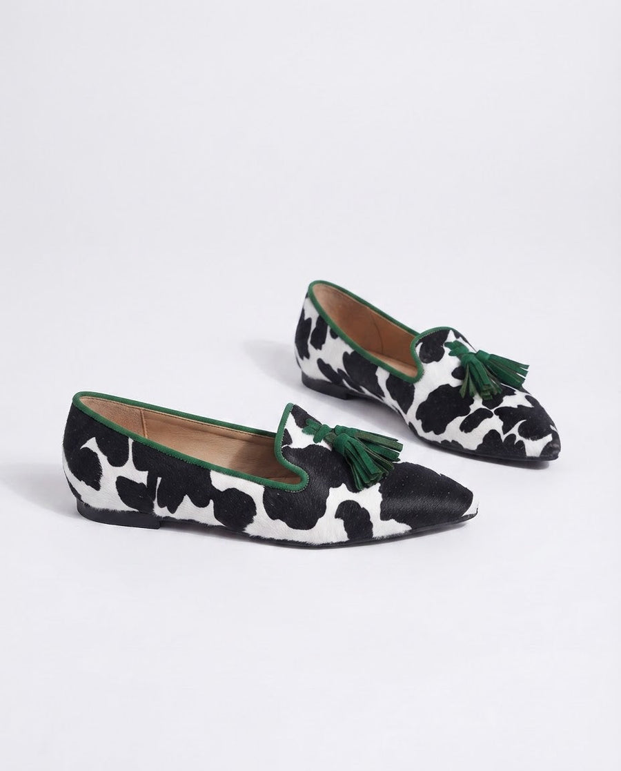 Ginevra Loafers — Black and White Cow Print, Green Tassels