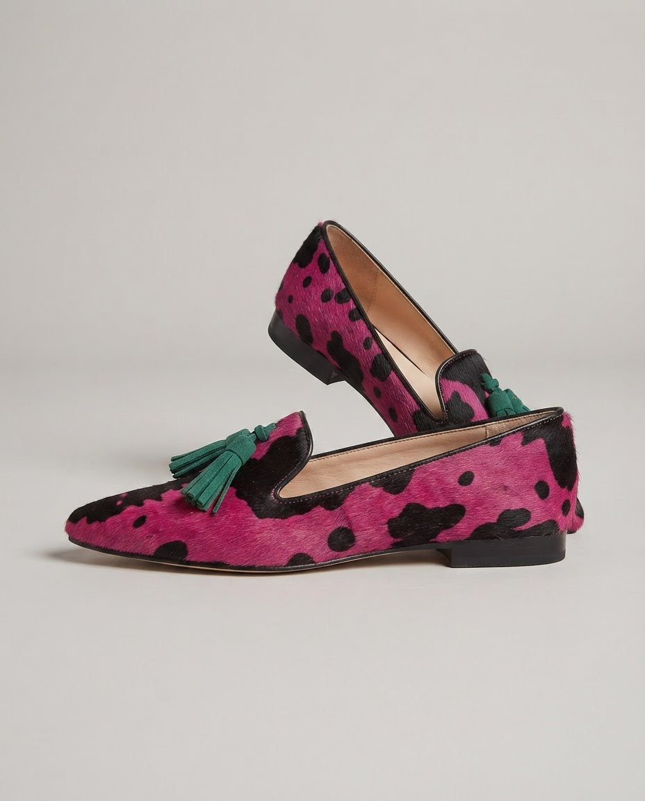 Ginevra Loafers — Fuchsia Cow, Green Tassels