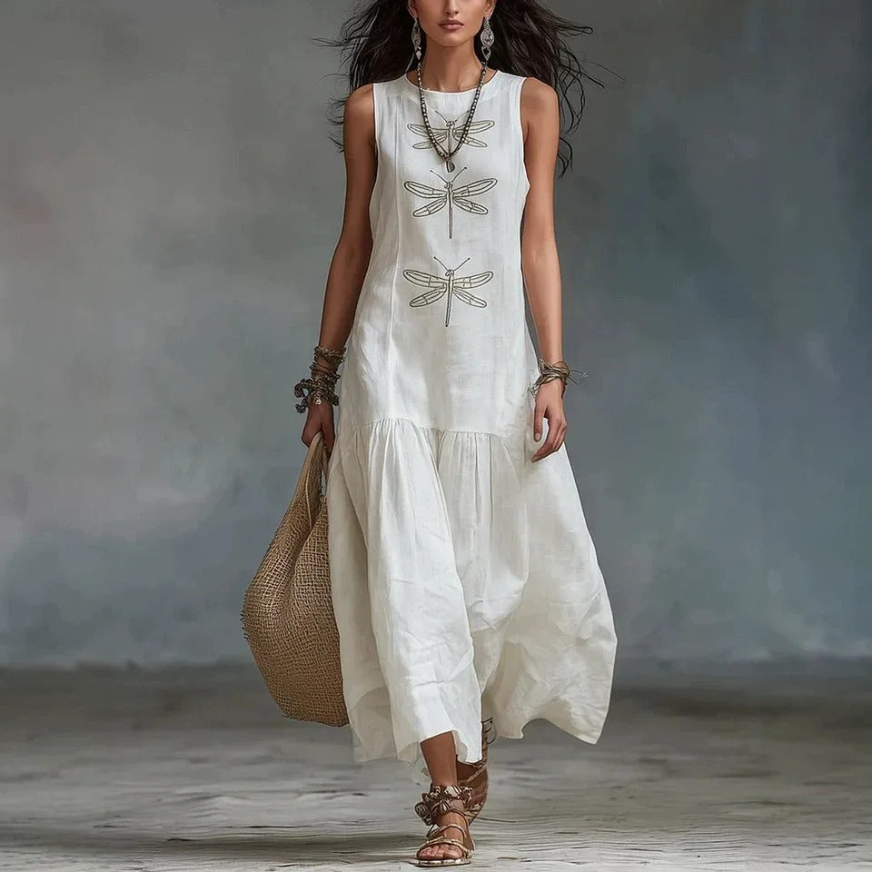 Barbara Midi Bohemian Dress with Dragonfly Print