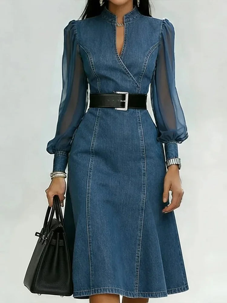 Cesarina denim dress with sheer sleeves