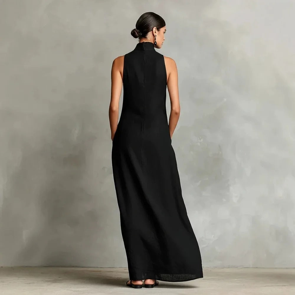Celina Long Loose-Fitting Sleeveless Dress with High Neck