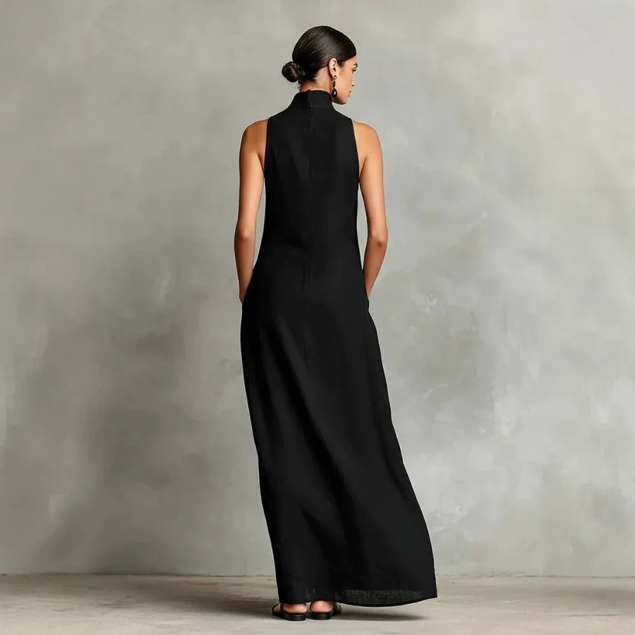 Celina Long Loose-Fitting Sleeveless Dress with High Neck