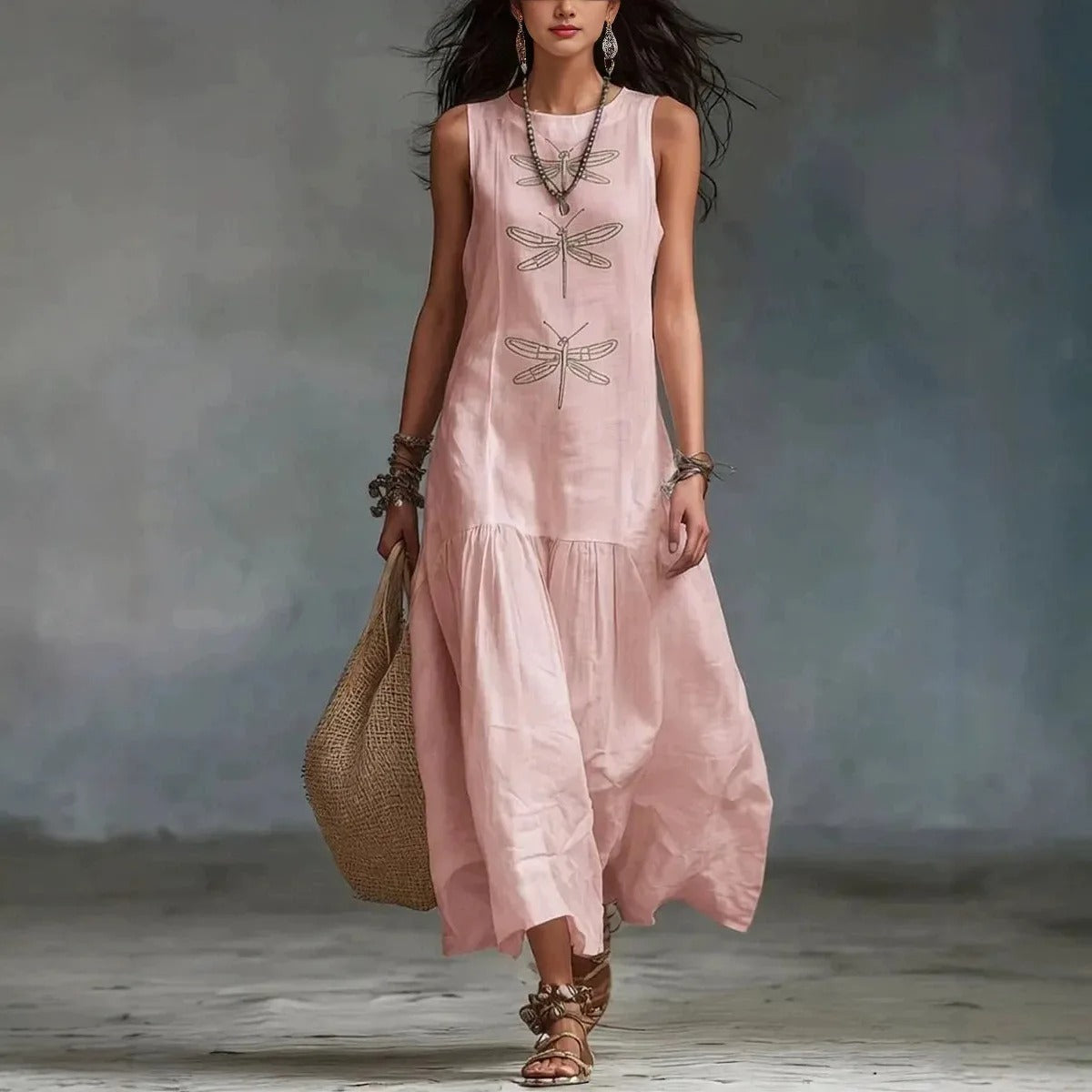 Barbara Midi Bohemian Dress with Dragonfly Print